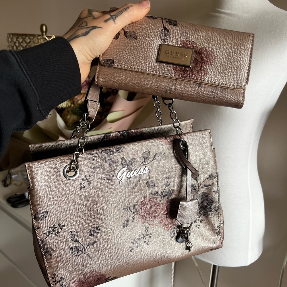 Guess Floral Shoulder Bag and Wallet - Pink and Gray - Picture 9 of 9